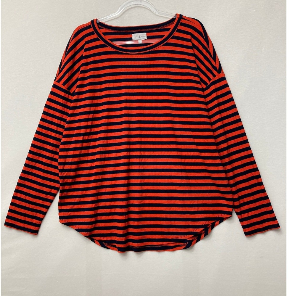 Lou & Grey Striped Top XL Red Navy Long Sleeve Ribbed Knit Soft Comfy